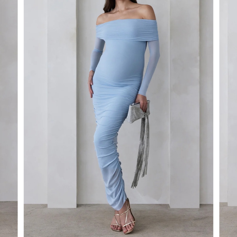 Bumpsuit Blue Off the shoulder maternity maxi dress